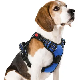 Comparer les prix de Harnais Chien Anti Traction avec 3 boucles pour Chien Facile à Mettre Harnais Réfléchissant Réglable pour Chien Bleu M