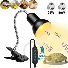 Meilleurs prix pour Lampe chauffante tortue avec Minuterie 2/4/8h - Double tête 25W/50W - UVA 97% UVB 3% - 2 ampoules E27 Lampe Reptiles et Amphibiens
