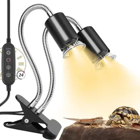 Meilleurs prix pour 1 Lampe chauffante reptile double tête rotative minuterie 2/4/8h UVA/UVB pince métal culot E26/E27 2 ampoules pour tortue .