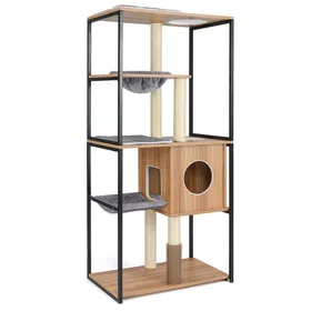 Meilleurs prix pour GOPLUS Arbre à Chat avec Cadre en Métal, Tour Moderne pour Chat à 5 Niveaux avec Perchoir Rembourré, Griffoirs, Auto-Toiletteur