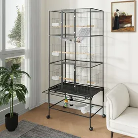 Comparer les prix de Cage à Oiseaux 69 pouces pour grandes races volière pour perruches avec pied roulant et rangement détachable Noir