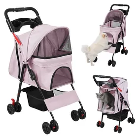 Meilleurs prix pour Poussette pliable pour Chien et Chat avec porte-gobelet tissu Oxford Pneus Rotatifs à 360° maille visible Rose 48x61x99cm