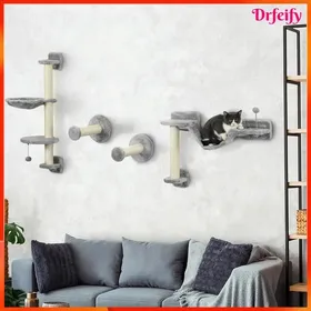 Comparer les prix de Arbre à chat mural - AKOZON - 8796 - Hamac & plateformes - Poteaux sisal - 4 pièces gris
