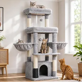 Meilleurs prix pour Arbre à Chat pour Grands Chats 2 Grandes Plateformes 130 cm Tour de jeux pour chats spécifique Gris clair