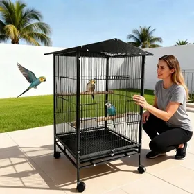 Meilleurs prix pour Grande cage à oiseaux 45 x 45 x 84 cm en métal avec roulettes à 360 ° perchoirs support à roulettes