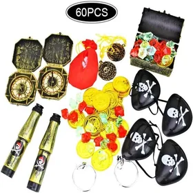 Comparer les prix de Kit complet de 60 pièces pour une fête de pirates : décorations et jouets. Comprend un coffre au trésor sur le thème des pirates.
