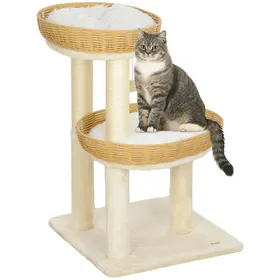Meilleurs prix pour Arbre à chat style bohème aspect rotin tressé - griffoirs, 2 paniers coussins effet fourrure, balle suspendue - beige