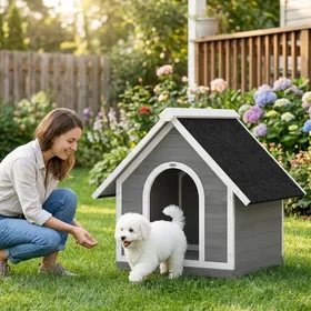 Comparer les prix de Niche pour Chien Extérieur Maison pour Chien Corps Entièrement Ouvrant pour Nettoyage Facile 84x101x86 cm Gris et Blanc