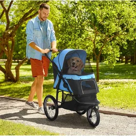 Comparer les prix de Poussette chien 3 roues pliable avec pare-soleil filet panier rangement jusquà 20 kg bleu ORVRYN