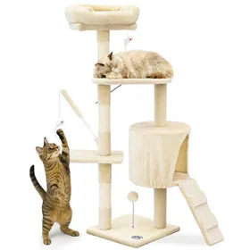 Comparer les prix de VOUNOT® Arbre à chat 112cm multi niveaux beige - avec griffoir niche jouet et plateforme - arbre à grimper