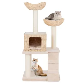 Comparer les prix de GOPLUS Arbre à Chat en en Tige de Massette à Plusieurs Niveaux, Niche en Quenouilles, Perchoir en Peluche, Griffoirs en