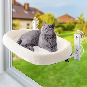 Comparer les prix de Hamac fenêtre pour chat 60×30 cm — support 18 kg 4 ventouses cadre acier housse réversible (blanc)