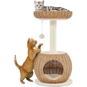 Meilleurs prix pour Arbre à Chat en Rotin Tour pour Chat Peluche Design Moderne Cachette Coussin Souple Panier Supérieur Griffoir Sisal 40x40x75 cm