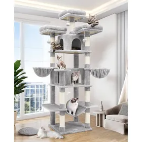 Meilleurs prix pour Arbre à chat XXL - JOZSI - Arbre 204 cm avec 3 perchoirs rembourrés 2 niches 2 paniers hamac stable pour 3–5 chats gris clair
