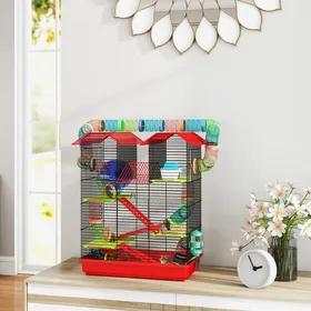 Comparer les prix de Cage pour petits rongeurs - AKOZON - 11833 - 2 étages - Multi-équipements (roue tunnels maisonnette) - 47x30x59 cm rouge