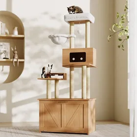 Meilleurs prix pour Arbre Chat Moderne Tout-en-un Avec Plateforme MangeoireHamac Et Armoire LitièreColoris Bois Naturel80x50x173cmSans Bac Inclus