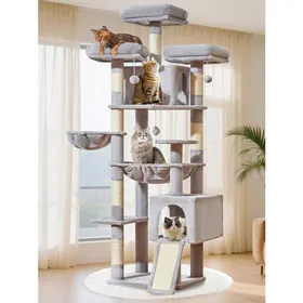Comparer les prix de Arbre à chat XXL - JOZSI - Arbre 193 cm stable pour Maine Coon 2 condos 7 griffoirs 3 plateformes hamac et panier gris clair