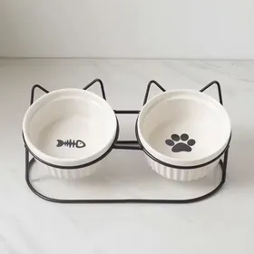 Meilleurs prix pour Double bol en céramique pour chat - Phoesky - Pied haut - Oblique - Protège vertèbre cervicale - 27.8x14.7x9.5 cm - 300g