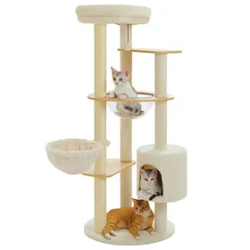 Meilleurs prix pour PAWZ Road Arbre à Chat 136 cm en Bois Multi-Niveaux et Stable avec Hamac Suspendu Nid Acrylique et Maisonette Beige