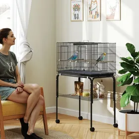 Comparer les prix de Cage à oiseaux 76 x 46 x 46/116 cm noir avec support séparateur mangeoires et plateau amovible pour canaris et perruches