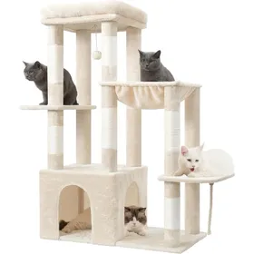 Comparer les prix de Arbre à chat multi-niveaux - JOZSI - Arbre 120 cm pour adultes base large maison chat griffoir hamac jouet à balle beige