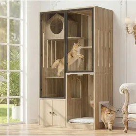 Comparer les prix de Cage d’intérieur multi-niveaux pour chat 90 x 50 x 160 cm en MDF et verre avec griffoir et porte verrouillable