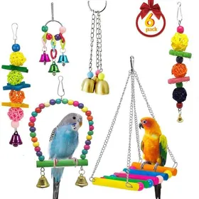 Meilleurs prix pour 6Pcs Jouet Perroquet Oiseau Suspendu Balançoire Échelle Bois Perchoirs Sepak Takraw Cloches Décoration des Cages à Oiseaux Perruche