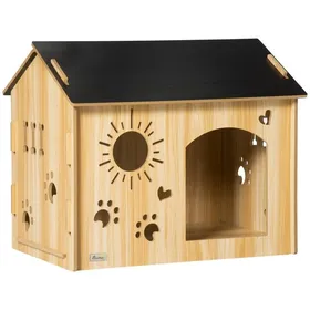 Meilleurs prix pour Accessoire Abri Animal Niche Bois Pour Petits Animaux Avec Trous Aération Toit + Intérieur Mdf Chêne Noir 69x50x58.5cm