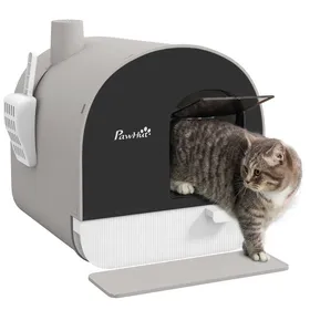 Comparer les prix de Bac à litière pour chat PawHut maison de toilette avec porte battante, pelle et filtre inclus dim. 43L x 44l x 47H cm - gris