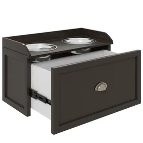 Comparer les prix de Mangeoire surélevée chien/chat 60cm - 2 gamelles inox meuble de rangement - Repas ergonomique - Bois marron 60x30x36 cm