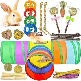 Meilleurs prix pour 26-in-1 Jouets naturels pour Lapin avec Tunnel Pliable Lapin Divers Jouets à mâcher et cachettes pour Petits Animaux activité