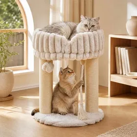 Comparer les prix de Arbre à chat compact beige 40x40x50cm - perchoir moelleux 2 poteaux sisal balle suspendue gain de place pour petit appartement