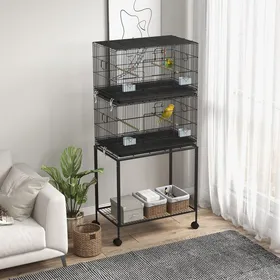 Comparer les prix de Cage à oiseaux double empilable 77 x 46 x 164 cm noire roulettes perchoirs plateau amovible balançoire et échelle