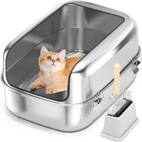 Meilleurs prix pour 1 Bac à litière Acier inoxydable XXL 60x40x30cm Semi-fermé Anti-fuite Pour chat et petit animal .