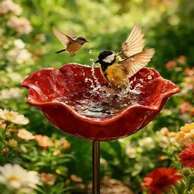 Meilleurs prix pour Abreuvoir à oiseaux en métal – ULISEM – forme fleur anti-rouille – pour jardin et terrasse – rouge