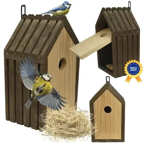 Comparer les prix de MODO24 Nichoir oiseaux (mésanges) bois lamelles entrée 28 cm livré monté avec paille jardin marron imprégné
