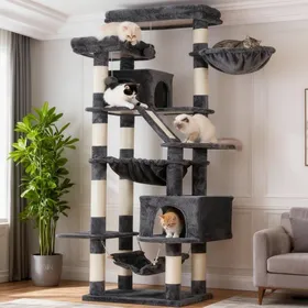 Comparer les prix de Arbre à chat multi-niveaux - JOZSI - Tour 180 cm avec 2 plateformes 2 cabanes 2 hamacs et panneau à griffer gris foncé