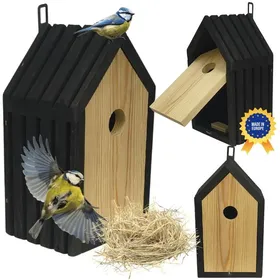 Comparer les prix de MODO24 Nichoir oiseaux (mésanges) bois lamelles entrée 28 cm livré monté avec paille jardin noir imprégné