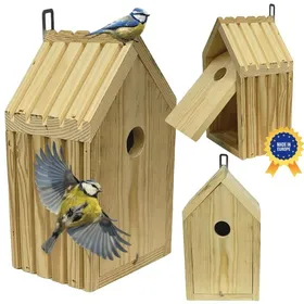 Comparer les prix de MODO24 Nichoir oiseaux (mésanges) bois lamelles entrée 28 cm livré monté ouverture nettoyage jardin naturel brut