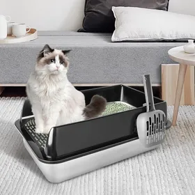 Meilleurs prix pour XJING-Petit bac à chat en acier inoxydable 50*35*24cm-bac à chat en métal-facile à nettoyer Noir