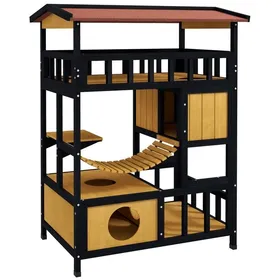 Comparer les prix de Niche En Bois Pour Chat 84x60x116cm Grotte Avec Plateformes Et Pont Suspendu Cabane Pour 2 Chats Intérieur/Extérieur Jaune