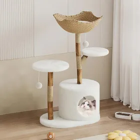 Meilleurs prix pour Arbre à Chat en Bois Naturel avec Grotte 73 x 44 x 109 cm Plate-Forme de Couchage XXL et balles de Jeu-style A