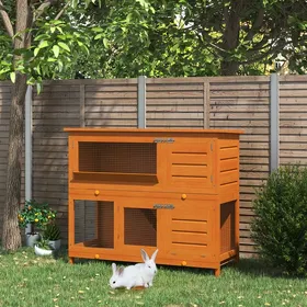 Meilleurs prix pour Cage à lapin poulailler clapier en bois de pin de grande taille avec 2 étages râtelier à foin toit ouvrant dim.120L x 48l x100H cm