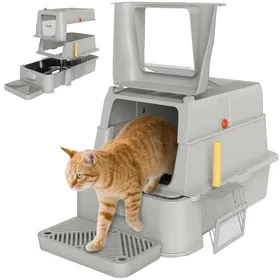 Comparer les prix de Bac à litière pour chat - PawHut - couvercle rabattable à 180° tiroir coulissant pédale pelle - inox - 63x43x43cm - gris clair