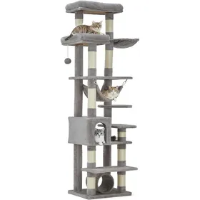 Meilleurs prix pour 188 H Arbre à Chat XXL Robuste pour Grands Chats – 11 poteaux à griffer hamac Tunnel-gris