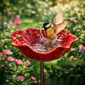 Comparer les prix de Mangeoire pour oiseaux en forme de fleur rouge - Abreuvoir de jardin - Diamètre : 15 cm hauteur : 65 cm