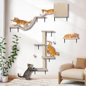 Comparer les prix de Arbre à Chat Mural4 en 1 Ensemble de Meubles Muraux avec GriffoirÉtagères Murales pour ChatParcours Mural Chats en Bois