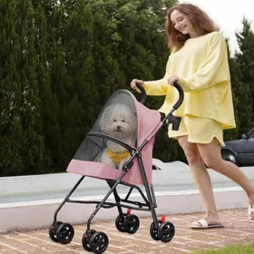 Meilleurs prix pour Poussette pour animaux de compagnie-MENGDA-Pliable-Avce Porte-Compact et léger-Conception en maille-Adapté aux voyages-Rose