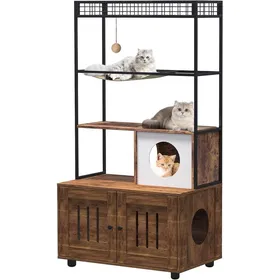 Meilleurs prix pour Armoire à litière pour chat - Grand arbre à chat - Cadre en métal - Armoire en bois avec compartiment de rangement 80 x 48 x 152cm