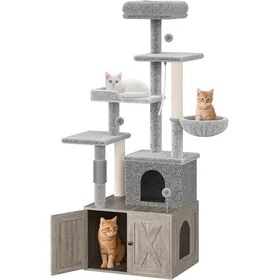 Meilleurs prix pour Arbre à chat avec enclos à litière60 x 48x 165CM-Grande maison de jeu pour chat à plusieurs niveaux avec niche hamac spacieux-GRIS